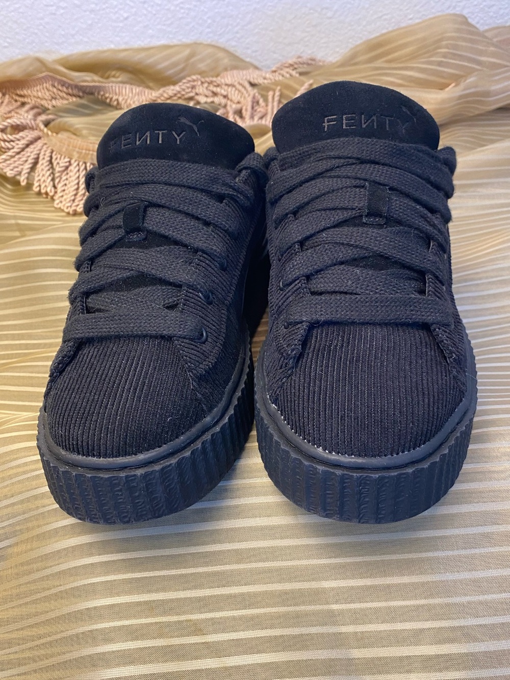 PUMA FENTY Black Corduroy Platform Lace-Up Sneakers, size 8.5